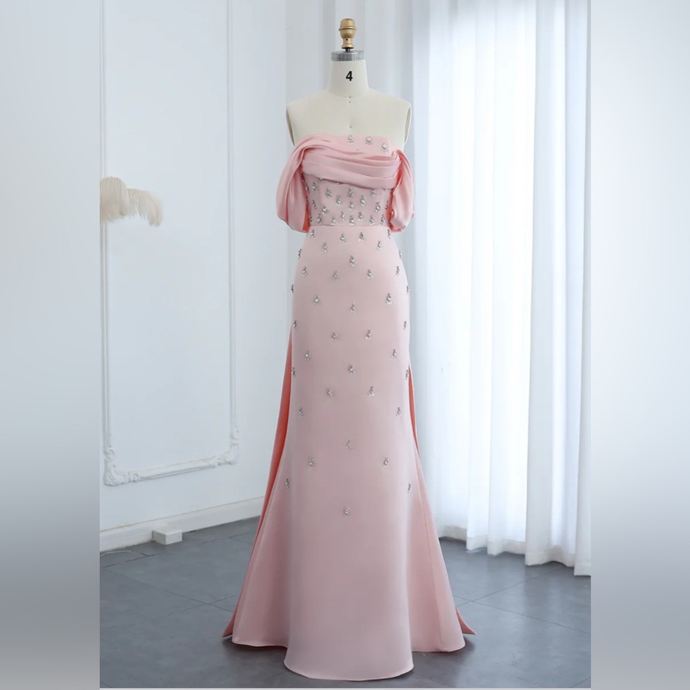 Elegant Rhinestone Pink Off Shoulder Evening Gown